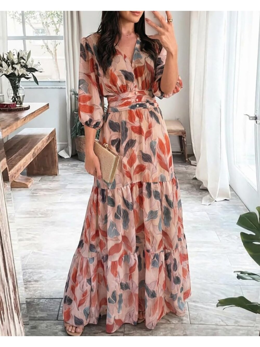 〽️Women’s Multicolor Leaf Print Boho Maxi Dress Shirred Back Tiered Ruffle - Picture 2 of 6